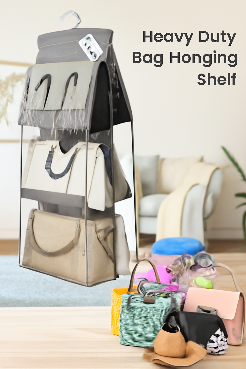 Smartuble™ 6-Pocket Foldable Hanging Handbag Organizer – Perfect for Living Room, Bedroom, and Closet Storage