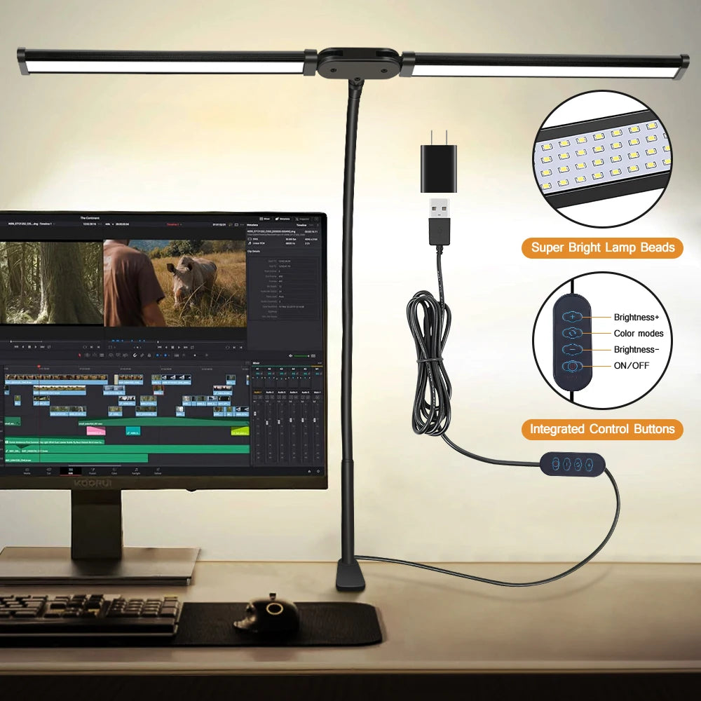 LED Desk Lamp for Office Home Eye-Caring Desk Light with Stepless Dimming Adjustable Flexible Gooseneck USB Desk Lamp with Clamp