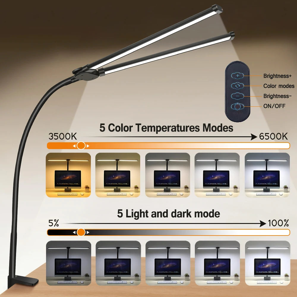 LED Desk Lamp for Office Home Eye-Caring Desk Light with Stepless Dimming Adjustable Flexible Gooseneck USB Desk Lamp with Clamp