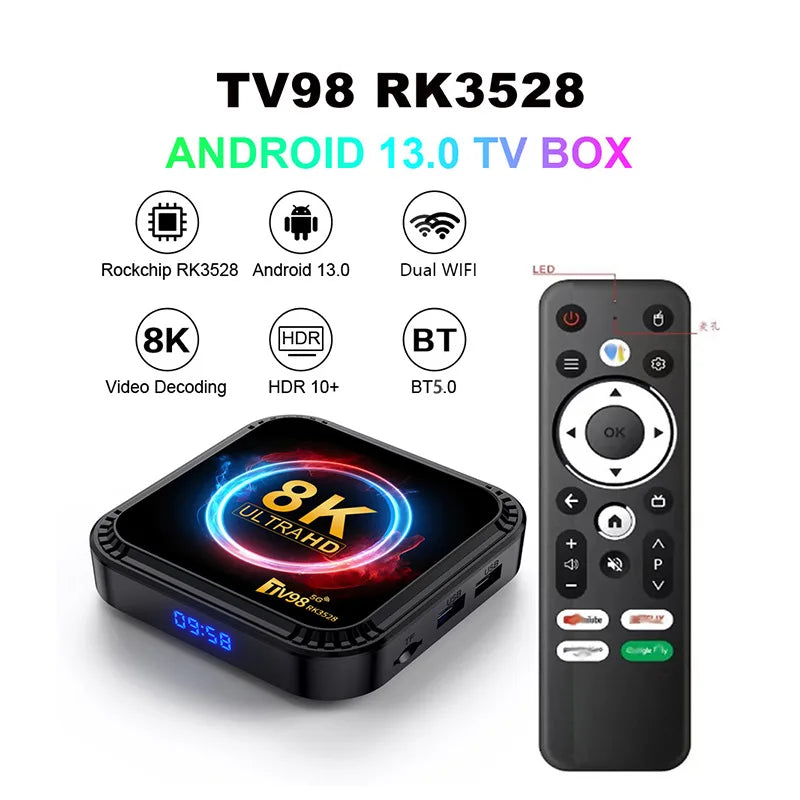 TV98 ATV Ultra HD 8K Smart TV Box Android 13 RK3528 2GB16GB 4GB 32GB/64GB Dual Wifi BT5.0 2.4G&5G Media Player Set Top Box