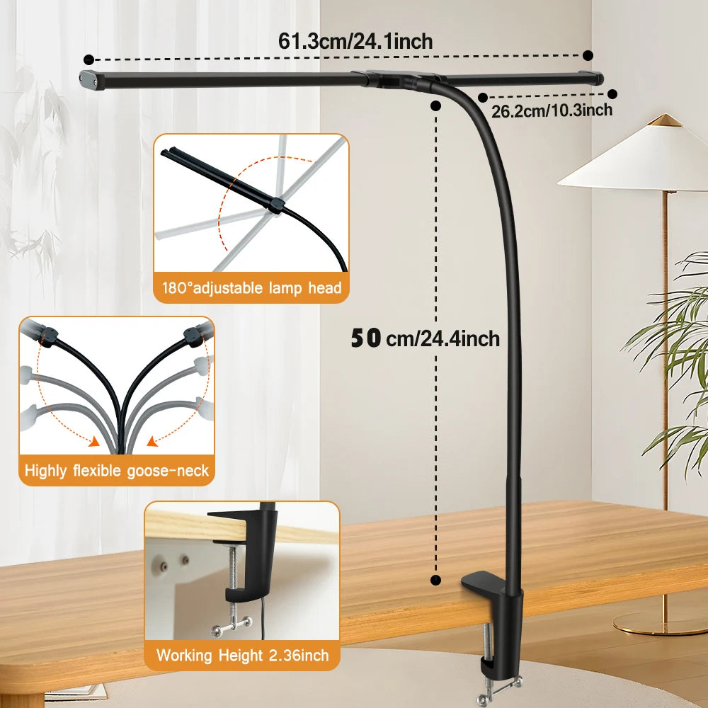LED Desk Lamp for Office Home Eye-Caring Desk Light with Stepless Dimming Adjustable Flexible Gooseneck USB Desk Lamp with Clamp