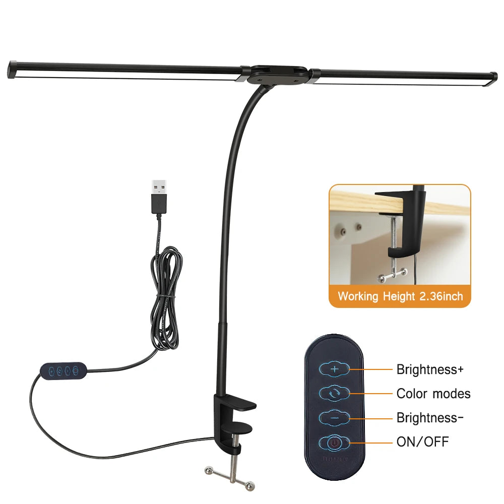 LED Desk Lamp for Office Home Eye-Caring Desk Light with Stepless Dimming Adjustable Flexible Gooseneck USB Desk Lamp with Clamp