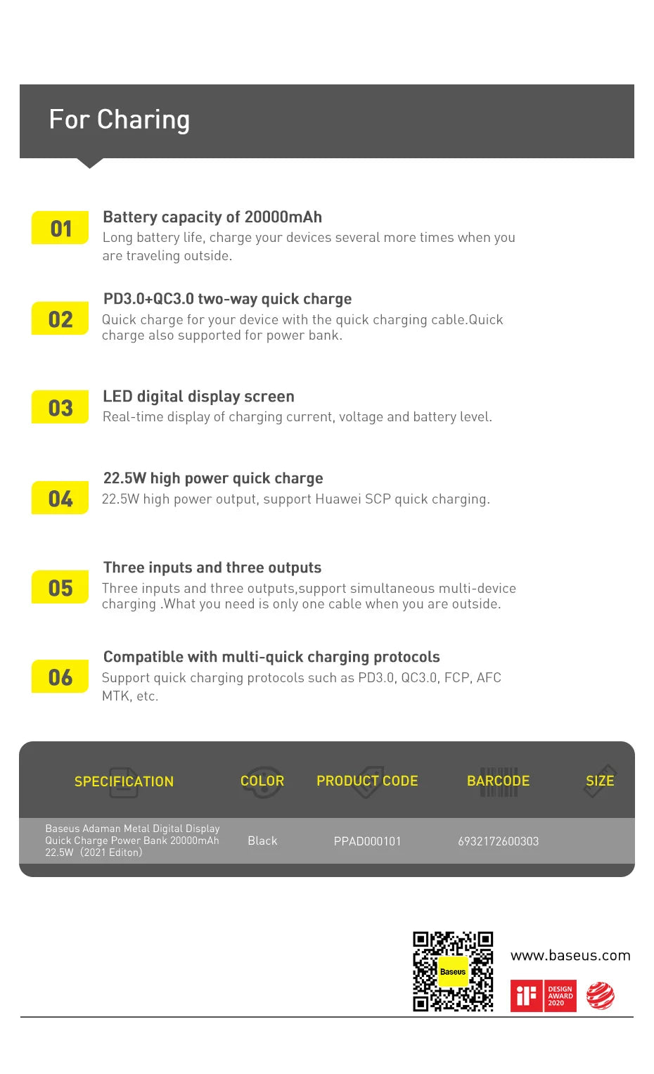 Baseus Power Bank 20000mAh Portable Charger Powerbank 10000mAh External Battery PD 22.5W Fast Charging For iPhone 16 15 Xiaomi