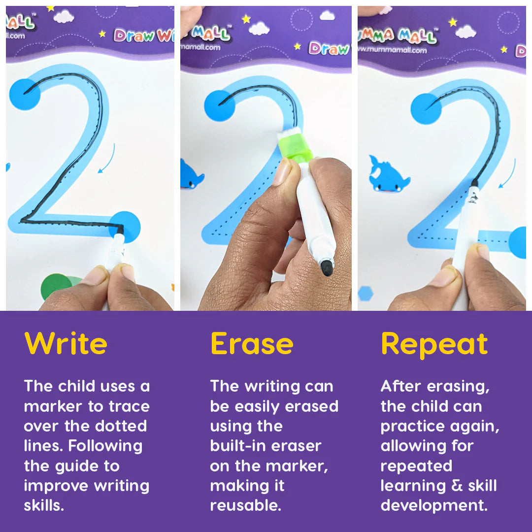 64-Page Reusable Tracing Workbook with 3 Free Pens & Eraser + Bonus PDF: Phone-Free Activities, 100 Kidsā Stories & 100 Fun Facts