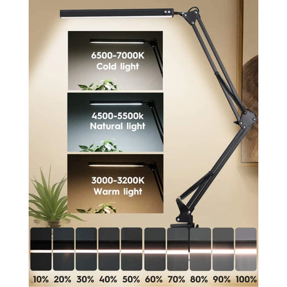 LED Desk Lamp with Clamp 10W Swing Arm Desk Lamp Eye-Caring Dimmable Desk Light with 10 Brightness Level, 3 Lighting Modes