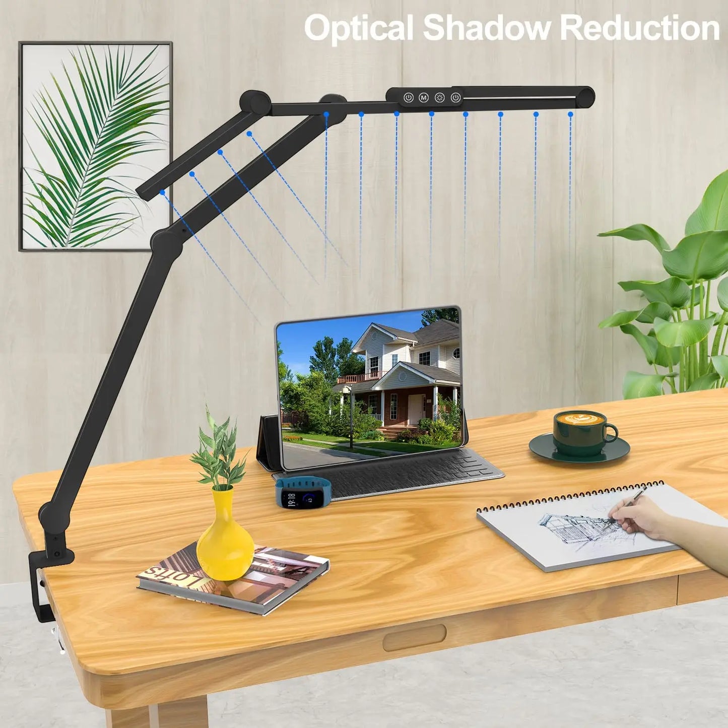 led Desk Lamp with Clamp, 24W Ultra Bright Architect LED Table Lamp for Home Office with Atmosphere Lighting, Automatic Dimming