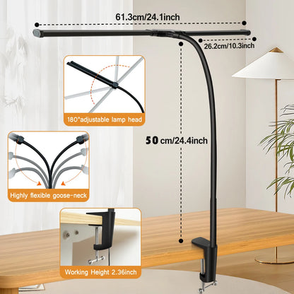 LED Desk Lamp for Office Home Eye-Caring Desk Light with Stepless Dimming Adjustable Flexible Gooseneck USB Desk Lamp with Clamp